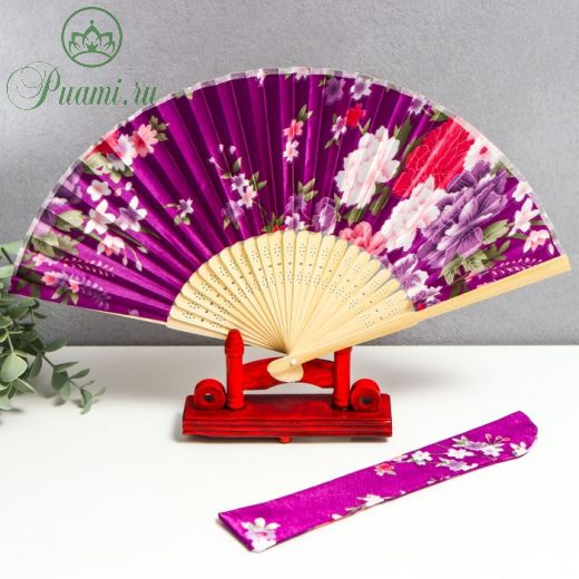 Веер бамбук, текстиль h=21 см "Цветы" с чехлом, фиолетовый