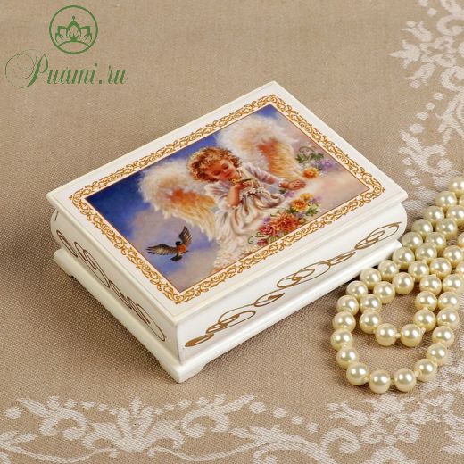 Шкатулка «Ангелок с птичками», белая, 8?10,5 см, лаковая миниатюра