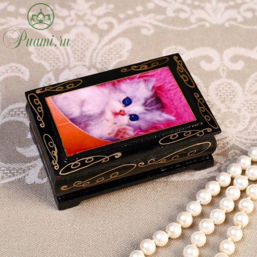 Шкатулка «Белый котенок на розовом пледе», 6?9 см, лаковая миниатюра
