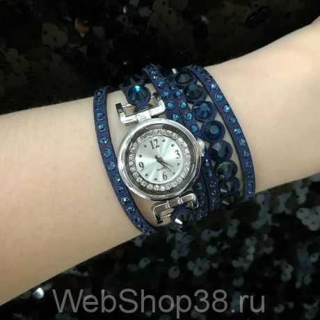 Темно-синие женские часы с браслетом из сверкающих страз