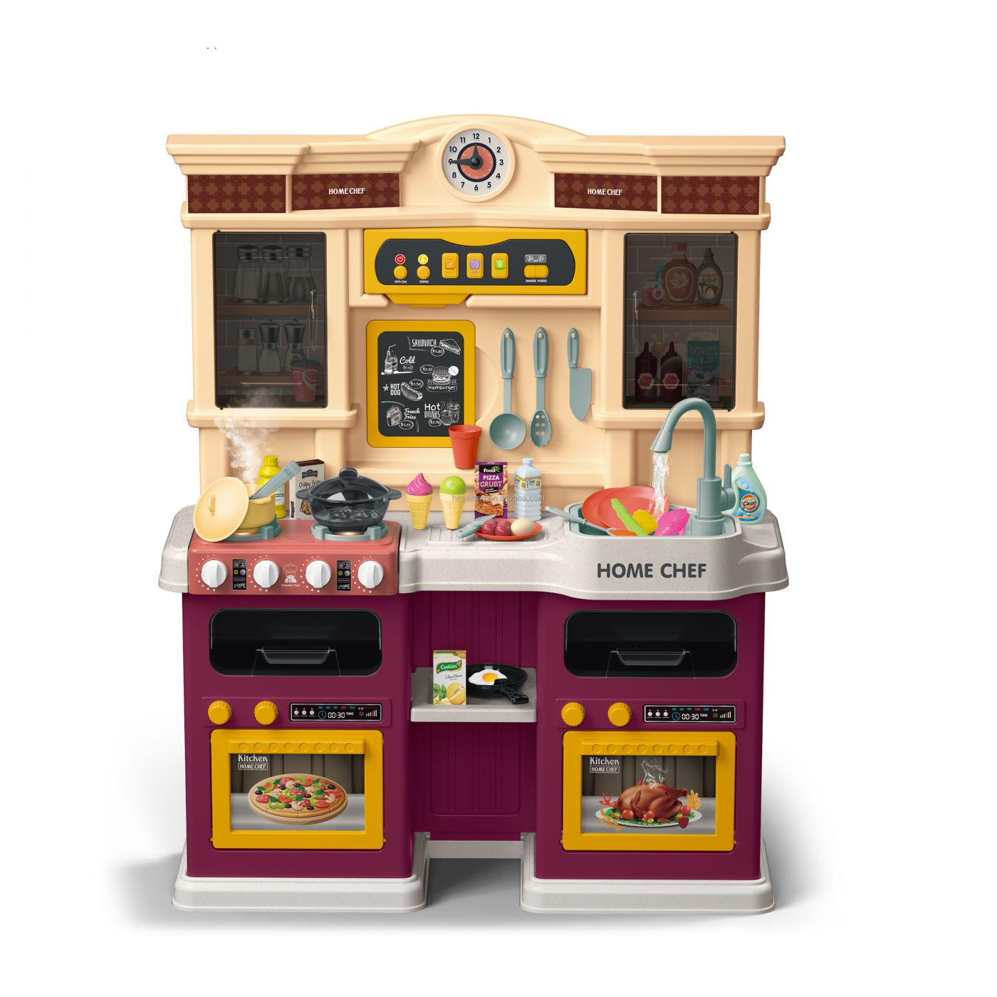 Детская игровая кухня с двумя духовками и буфетом с паром, водой, звуками, 73 аксессуара (922-135)