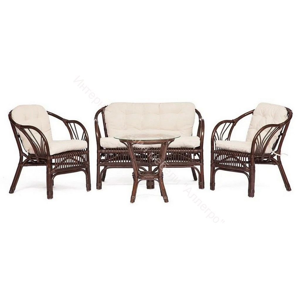 КОМПЛЕКТ " NEW BOGOTA " ( диван + 2 кресла + стол со стеклом ) /с подушками/ ротанг, walnut (грецкий орех)