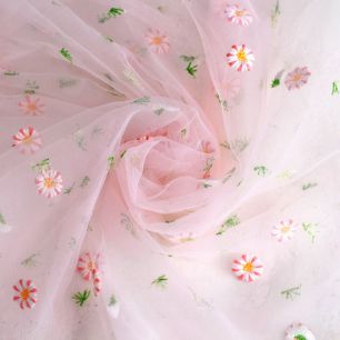 Мягкий фатин с вышивкой - Цветы на розовом 150*25 см.