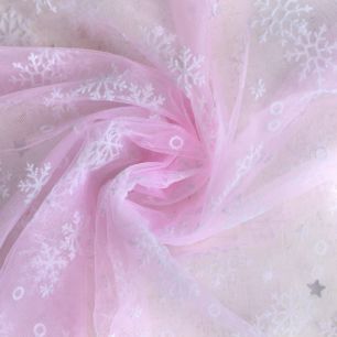 Мягкий фатин  - Розовый со снежинками 150*25 см.