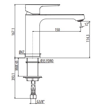Смеситель для раковины Gattoni H2OMIX3000 3038 излив 150 мм схема 2