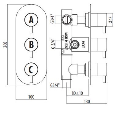 Смеситель для душа термостатический встраиваемый с дивертором, на 2 выхода Gattoni Circle One TS994/22 схема 2