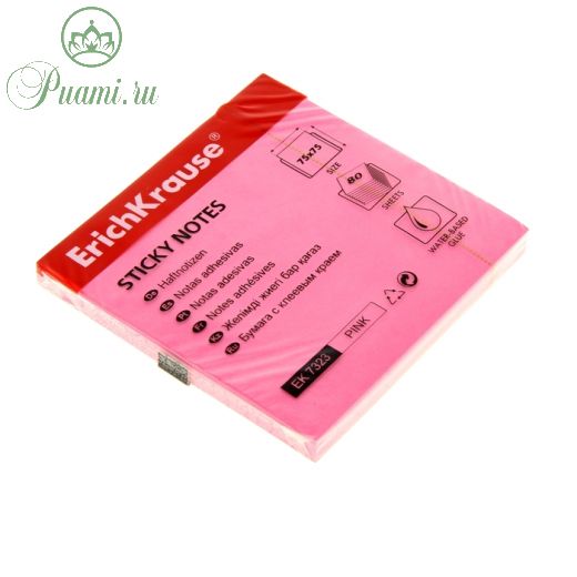 Блок бумаги с липким краем ErichKrause Neon, 75 х 75 мм, 80 листов, розовый