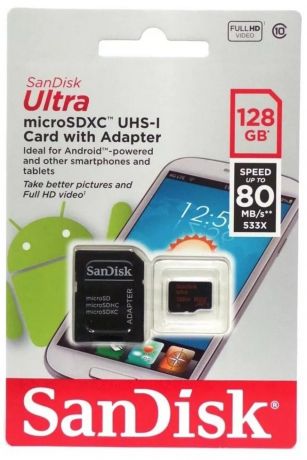 Карта памяти SanDisk Ultra microSDXC Class 10 UHS-I 80MB/s + SD adapter 128 GB, чтение: 80 MB/s, запись: 10 MB/s, адаптер на SD