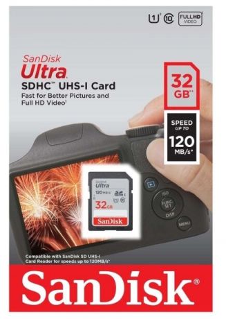Карта памяти SanDisk Ultra SDHC Class 10 UHS-I 120MB/s 32 GB, чтение: 120 MB/s