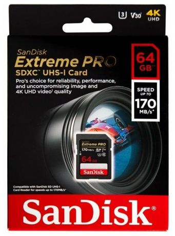 Карта памяти 64GB SanDisk SDXC UHS Extreme pro Class 10 UHS-I U3 V30 (170/90mb/s)