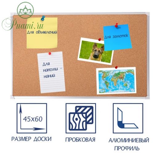 Доска пробковая А2, 45х60 см, Calligrata СТАНДАРТ, в алюминиевой рамке