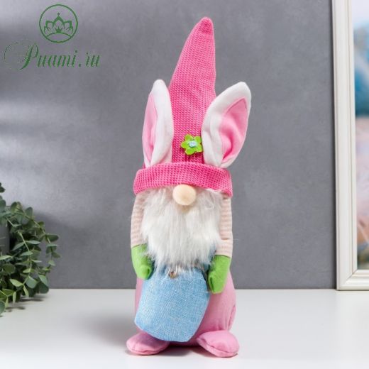 Кукла интерьерная "Гном в шапке с зайчьими ушами, с мешком" розовый 40х14 см