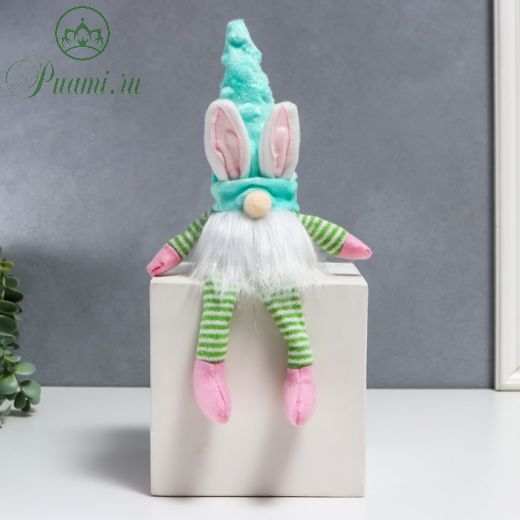 Кукла интерьерная свет "Гном в шапке с зайчьими ушами, длинные ножки" зелёный 30х8 см