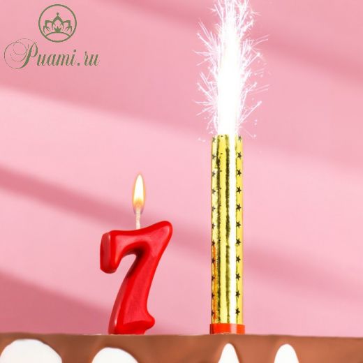 Свеча для торта цифра "Овал" красная "7" + фонтан