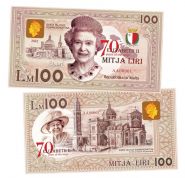 100 Liri Malta — 70 лет правления королевы Елизаветы 2. Мальта. Памятная банкнота UNC Oz ЯМ