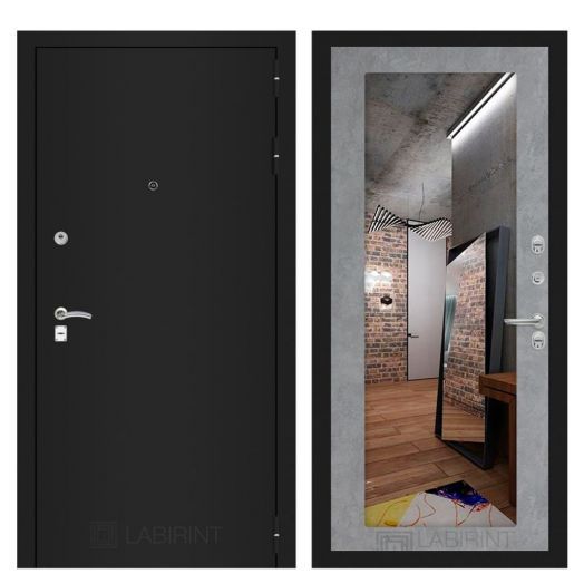 Дверь Входная Металлическая Лабиринт CLASSIC шагрень черная с зеркалом 18 Бетон светлый