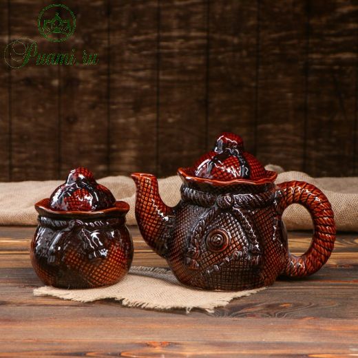 Чайный набор "Верёвка", 2 предмета, чайник 1.3 л, сахарница 0.6 л, керамика