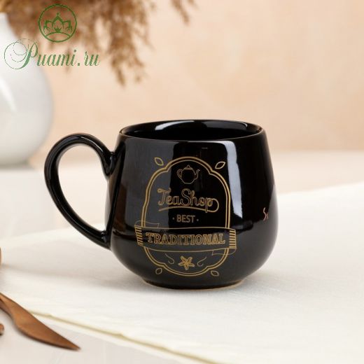 Чашка "Петелька", чёрная, золотая деколь чай, 0.35 л, микс