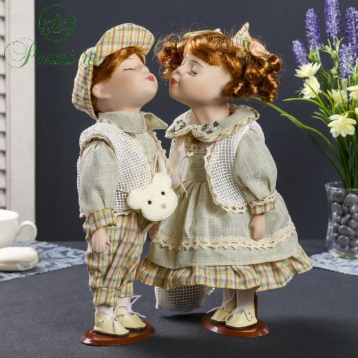 Кукла коллекционная парочка поцелуй набор 2 шт "Валя и Толя в светло-зелёных нарядах" 30см
