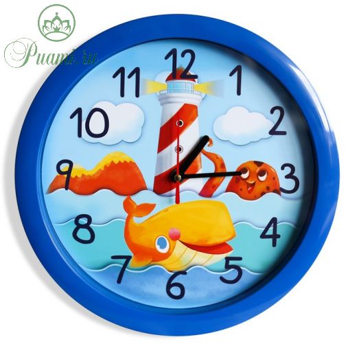Часы настенные "Маяк и морские обитатели", синий обод, 28х28 см, микс