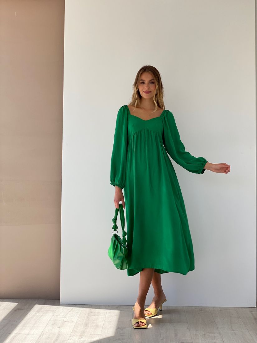 6624 Платье-миди с пышными рукавами зелёное