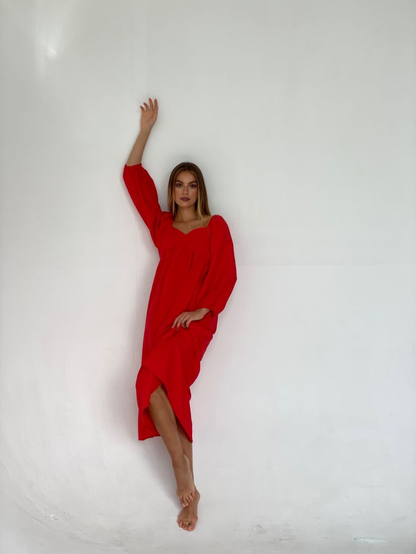 6615 Платье-миди с пышными рукавами красное