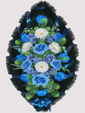 Фото Ритуальный венок из искусственных цветов #16 сине-белый из роз, гвоздик и зелени