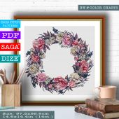"Wreath with peonies". Digital cross stitch pattern.