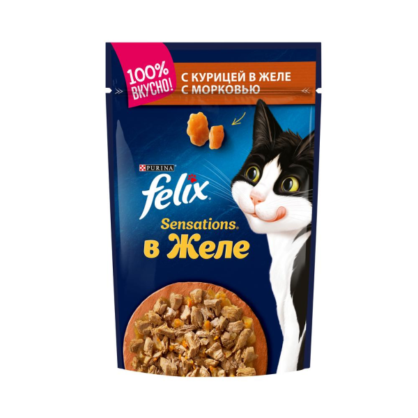 Влажный корм для кошек Felix Sensetions с курицей и морковью кусочки в желе  75 гр