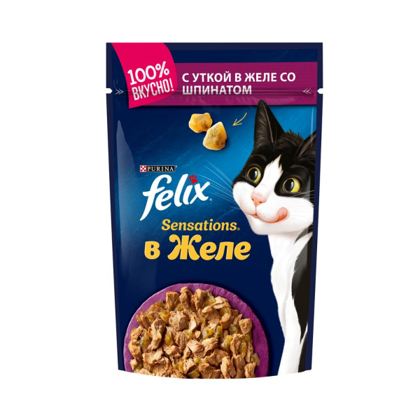 Влажный корм для кошек Felix Sensetions с уткой и шпинатом кусочки в соусе  75 гр