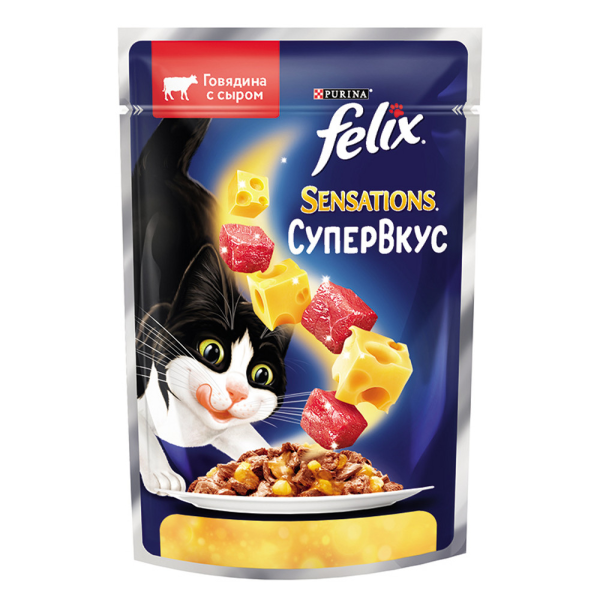 Влажный корм для кошек Felix Sensetions Супервкус с говядиной и сыром кусочки в желе 75 гр