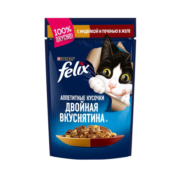 Влажный корм для кошек Felix Двойная Вкуснятина с индейкой и печенью кусочки в желе  75 гр