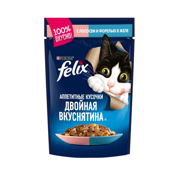 Влажный корм для кошек Felix Двойная Вкуснятина с лососем и форелью кусочки в желе 85 гр