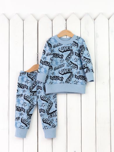 КД402/6-Ф Комплект детский, джемпер+брюки/надписи на голубом