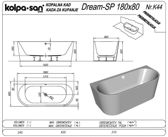 Угловая ванна Kolpa San Dream SP R (Дрим СП) 180x80 правая схема 2