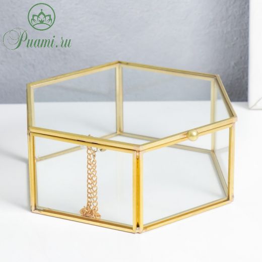 Шкатулка стекло с металлическим каркасом "Гексагон с гранями" золото 6х13х15 см