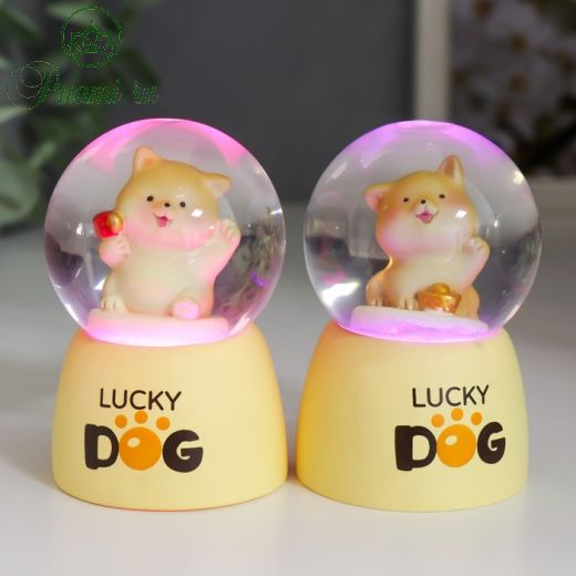 Сувенир полистоун водяной шар свет "Счастливый пёс" МИКС d=4,5 см 7х4,5х4,5 см