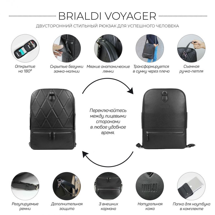 Стильный кожаный рюкзак BRIALDI Voyager (Вояджер) relief black