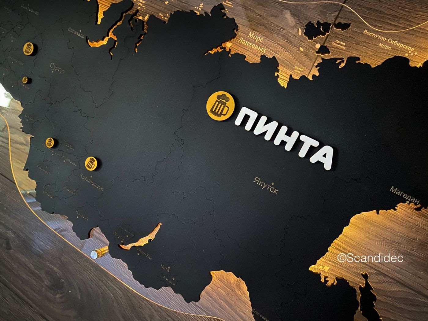 Карта России деревянная одноуровневая, однотонная, на подложке из орг.стекла, цвет Черный