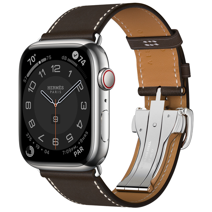 Apple Watch Hermès Series 8 45mm Silver Stainless Steel Case with Single Tour Deployment Buckle Ébène