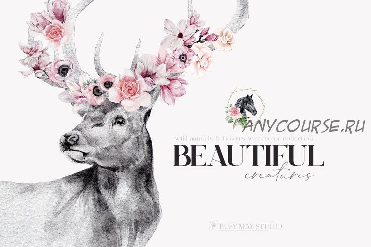 Watercolor Animal Portraits Flowers Wall Posters PNG JPEG [Busy May Studio]