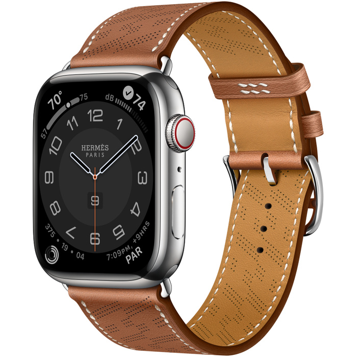Часы Apple Watch Hermès Series 8 GPS + Cellular 45mm Silver Stainless Steel Case with Gold Swift Leather H Diagonal Single Tour