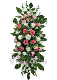 Фото Ритуальная композиция из искусственных цветов на могилу/гроб Элит №9 венок-флоретка в зелёно-бело-розовых тонах
