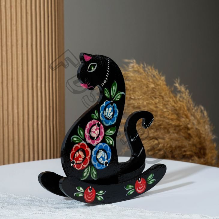 Сувенир "Кошка-качалка", чёрная, городецкая роспись