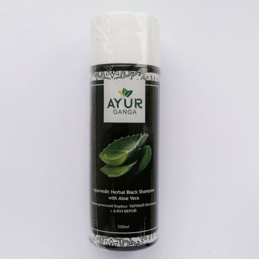 Шампунь аюрведический травяной Черный с Алоэ Вера | Ayurvedic Herbal Black Shampoo with Aloe Vera | 200 мл | AyurGanga
