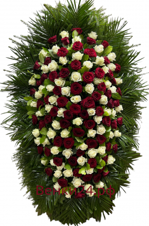 Фото Ритуальный венок из живых цветов #35 из белых и красных роз, папоротника, робелини