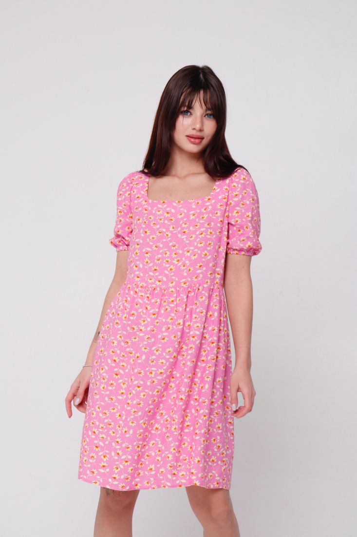 6562 Платье с вырезом каре розовое в цветок