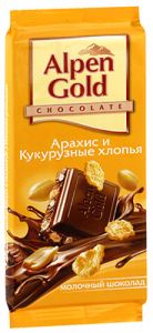 Шоколад ALPEN GOLD 85/90г Молочный арахис/кукурузные  хлопья