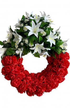 Фото Ритуальный венок Круг с белыми лилиями и красными хризантемами