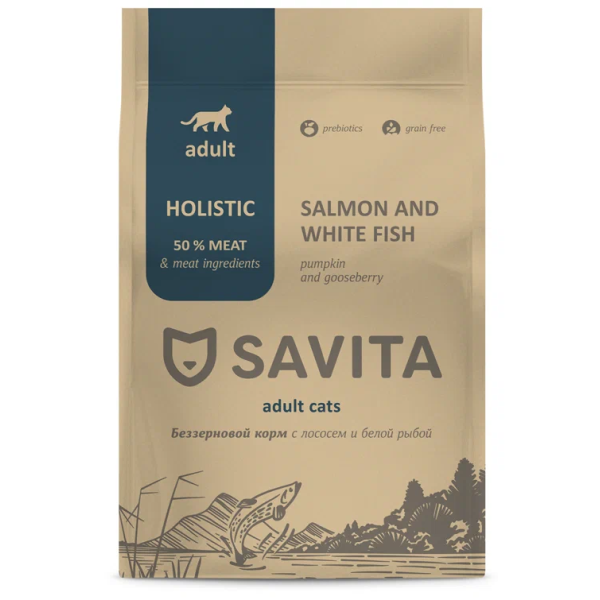 Сухой корм для кошек SAVITA Adult с лососем и белой рыбой